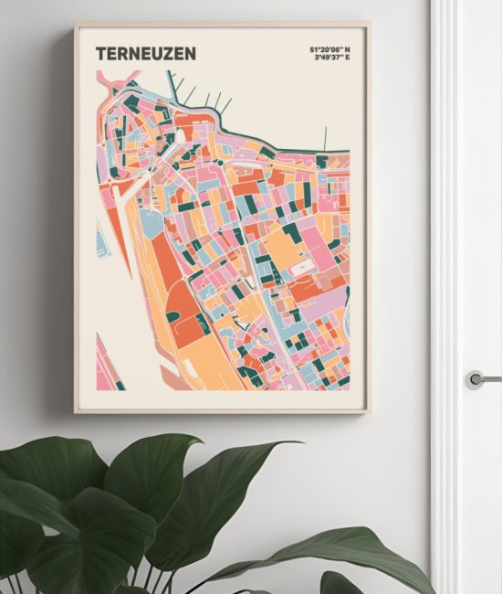 Plattegrond poster Licht Terneuzen mozaiek stl 04 Mockup muur plant lijst 04 | Funky Fellow