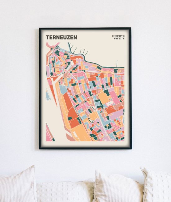 Plattegrond poster Licht Terneuzen mozaiek stl 04 mockup lijst muur bank 02 | Funky Fellow
