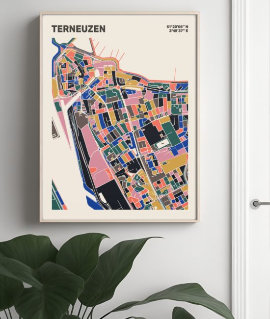 Plattegrond poster Licht Terneuzen mozaiek stl 05 Mockup muur plant lijst 04 | Funky Fellow