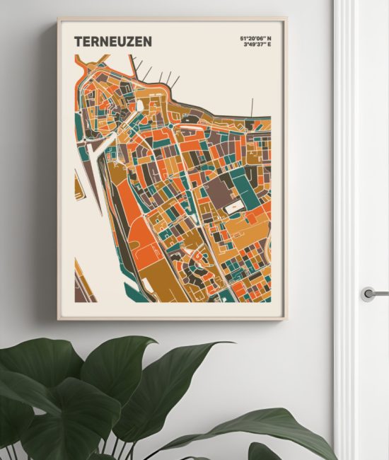 Plattegrond poster Licht Terneuzen mozaiek stl 06 Mockup muur plant lijst 04 | Funky Fellow