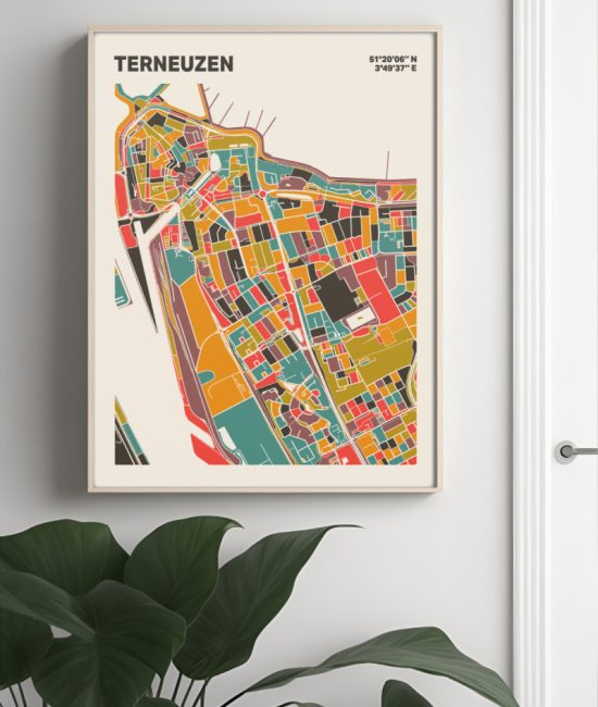 Plattegrond poster Licht Terneuzen mozaiek stl 07 Mockup muur plant lijst 04 | Funky Fellow
