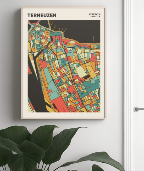 Plattegrond poster Licht Terneuzen mozaiek stl 08 Mockup muur plant lijst 04 | Funky Fellow