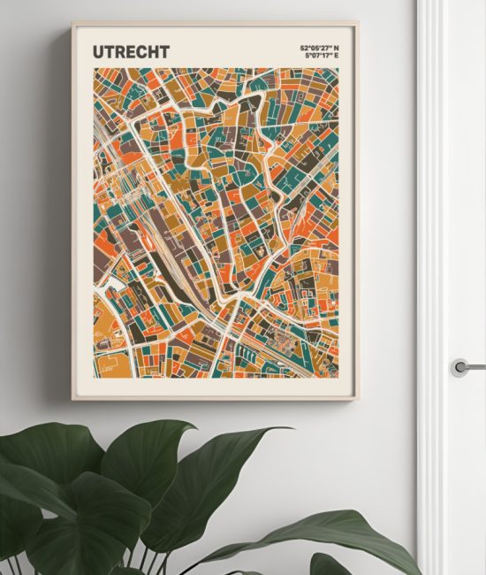 Plattegrond poster Licht Utrecht mozaiek stl 06 Mockup muur plant lijst 04 | Funky Fellow