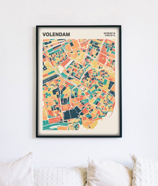 Plattegrond poster Licht Volendam mozaiek stl 01 mockup lijst muur bank 02 | Funky Fellow