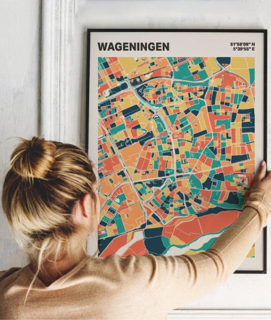 Plattegrond poster Licht Wageningen mozaiek stl 01 Vrouw met poster mockup 01 | Funky Fellow