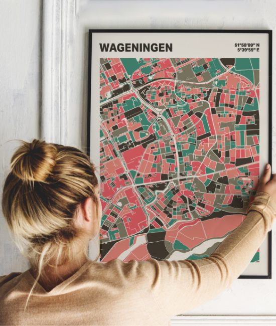Plattegrond poster Licht Wageningen mozaiek stl 02 Vrouw met poster mockup 01 | Funky Fellow