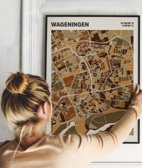 Plattegrond poster Licht Wageningen mozaiek stl 03 Vrouw met poster mockup 01 | Funky Fellow
