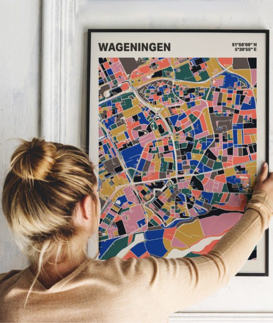 Plattegrond poster Licht Wageningen mozaiek stl 05 Vrouw met poster mockup 01 | Funky Fellow