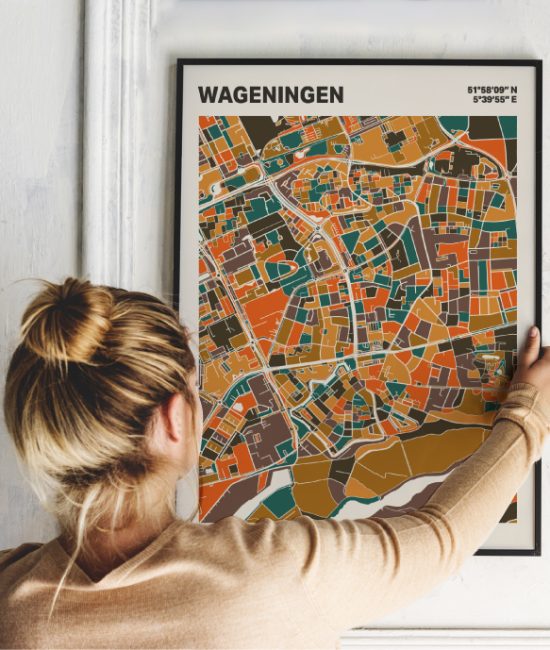 Plattegrond poster Licht Wageningen mozaiek stl 06 Vrouw met poster mockup 01 | Funky Fellow