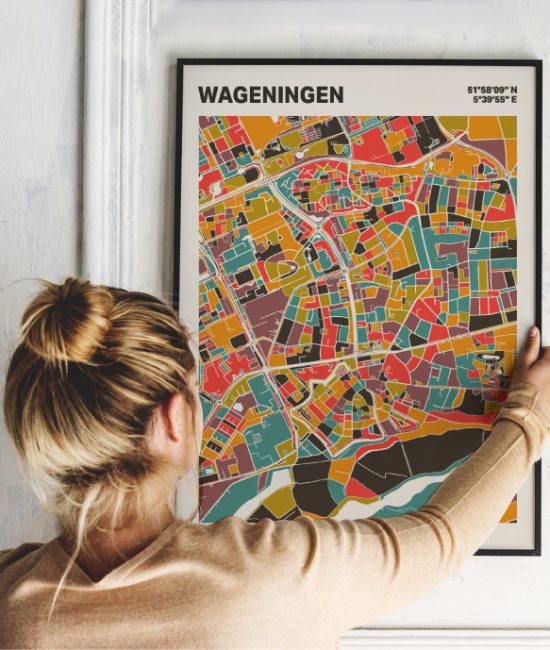 Plattegrond poster Licht Wageningen mozaiek stl 07 Vrouw met poster mockup 01 | Funky Fellow