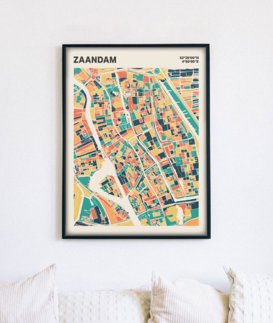 Plattegrond poster Licht Zaandam mozaiek stl 01 mockup lijst muur bank 02 | Funky Fellow