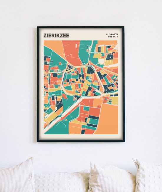 Plattegrond poster Licht Zierikzee mozaiek stl 01 mockup lijst muur bank 02 | Funky Fellow