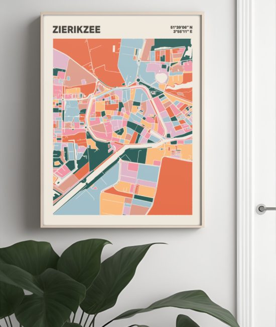 Plattegrond poster Licht Zierikzee mozaiek stl 04 Mockup muur plant lijst 04 | Funky Fellow