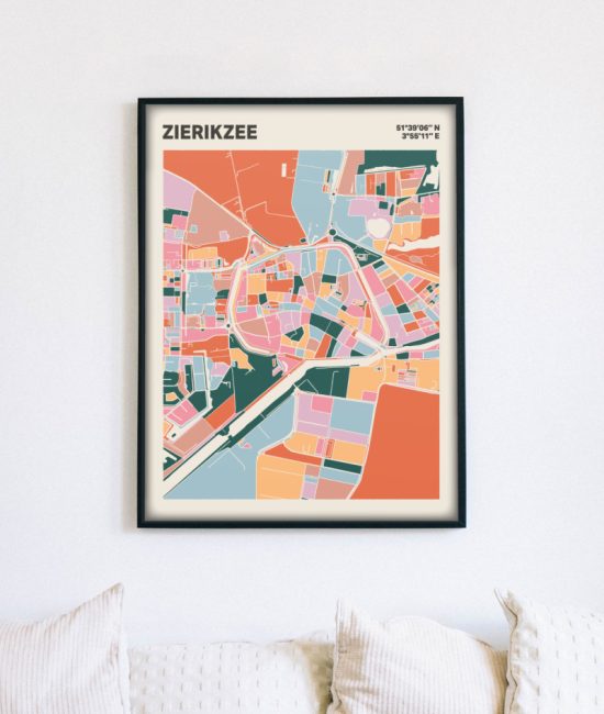 Plattegrond poster Licht Zierikzee mozaiek stl 04 mockup lijst muur bank 02 | Funky Fellow