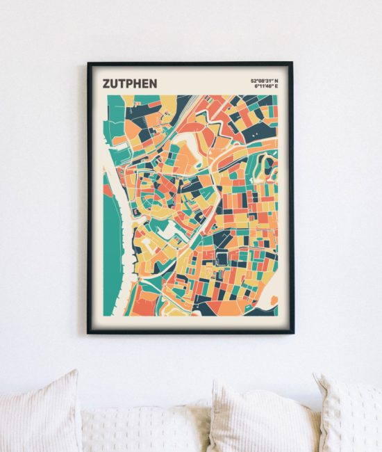 Plattegrond poster Licht Zutphen mozaiek stl 01 mockup lijst muur bank 02 | Funky Fellow