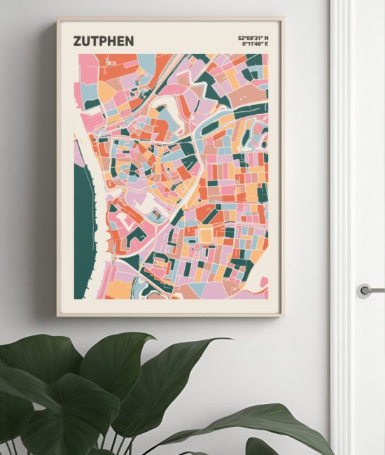 Plattegrond poster Licht Zutphen mozaiek stl 04 Mockup muur plant lijst 04 | Funky Fellow