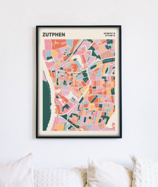 Plattegrond poster Licht Zutphen mozaiek stl 04 mockup lijst muur bank 02 | Funky Fellow