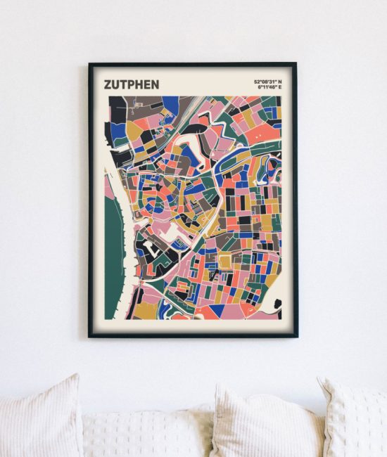 Plattegrond poster Licht Zutphen mozaiek stl 05 mockup lijst muur bank 02 | Funky Fellow