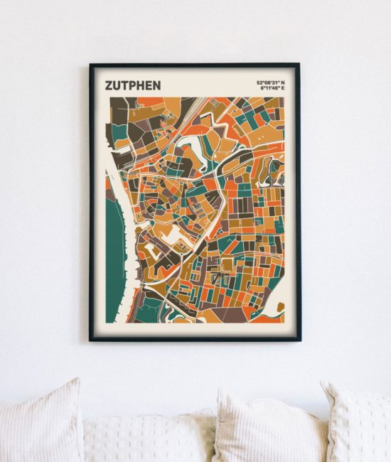 Plattegrond poster Licht Zutphen mozaiek stl 06 mockup lijst muur bank 02 | Funky Fellow