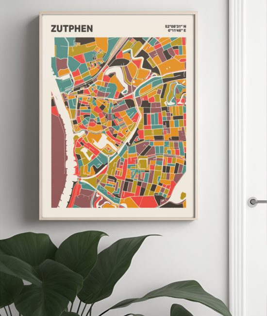 Plattegrond poster Licht Zutphen mozaiek stl 07 Mockup muur plant lijst 04 | Funky Fellow