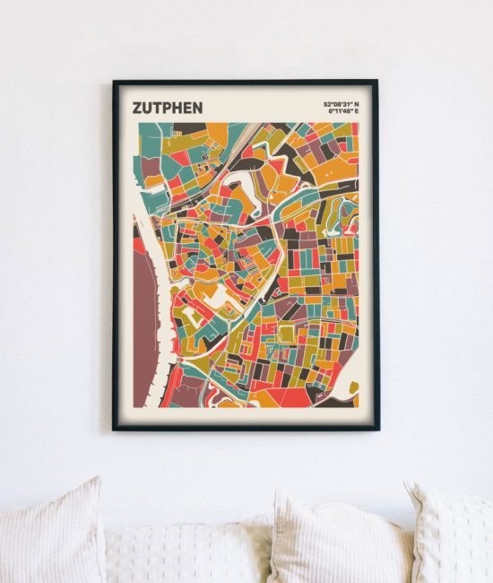 Plattegrond poster Licht Zutphen mozaiek stl 07 mockup lijst muur bank 02 | Funky Fellow