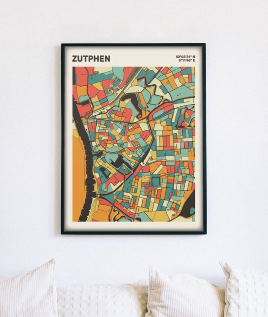 Plattegrond poster Licht Zutphen mozaiek stl 08 mockup lijst muur bank 02 | Funky Fellow